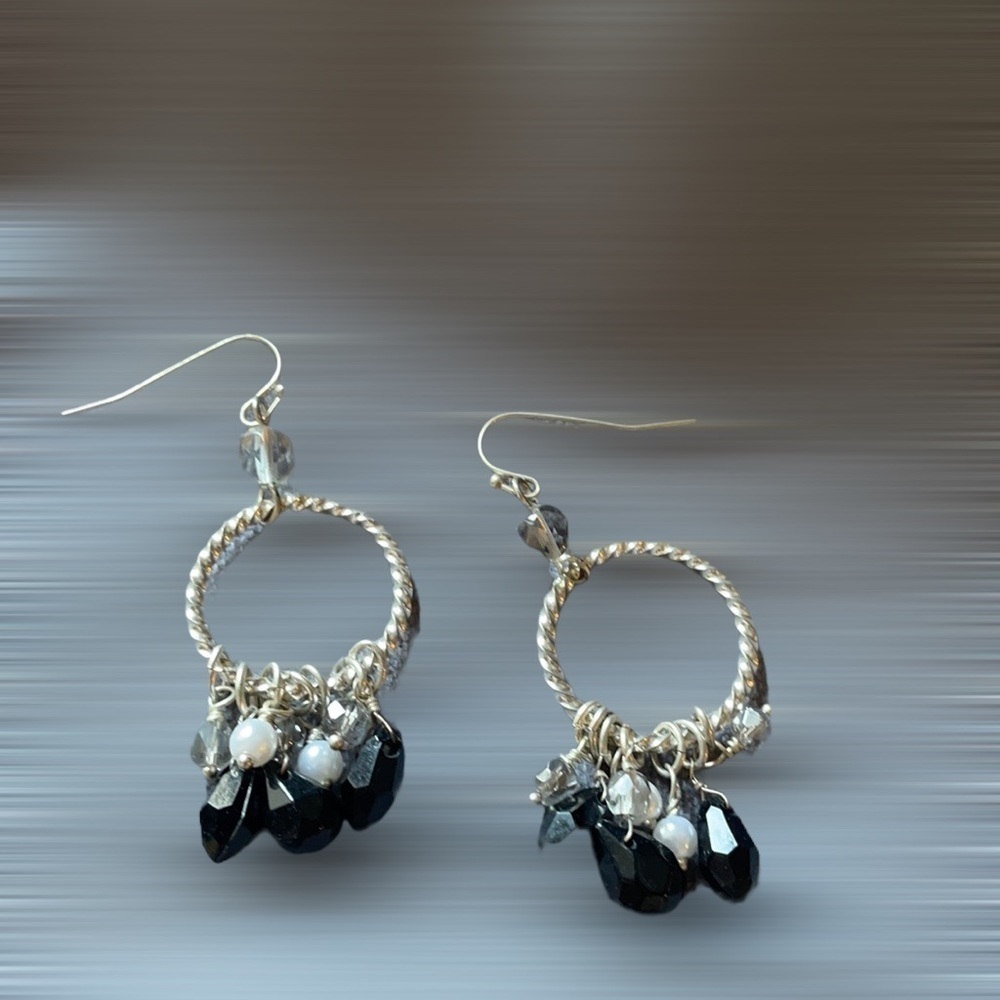 WHBM Beaded Rope Circle Earrings Black/White/Silver